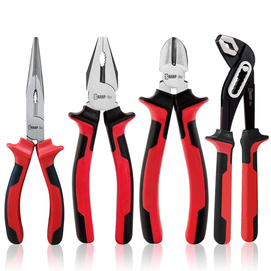 Sharp-tec 4Pcs Pliers Set - 8" Wire Cutters, Water Pump, Long Nose & Combination Pliers, Non-Slip Handles, Heat Treated, Durable Construction