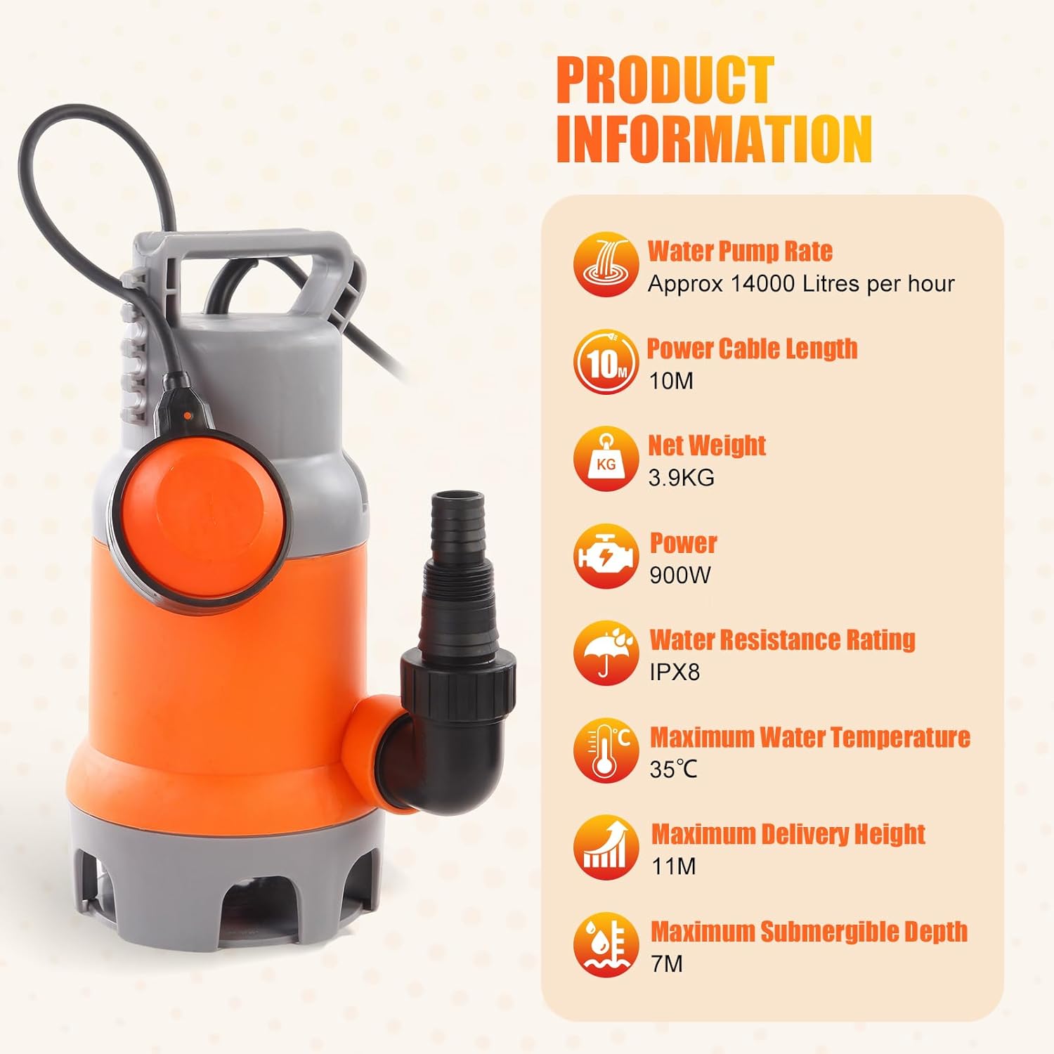 Sharp-tec 900W Submersible Water Pump 14000L/H