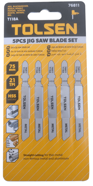 T118A Metal Jigsaw Blades, Pack of 5, HSS 21TPI for Straight Cutting Thin Metal, Non-Ferrous Metals & Aluminum