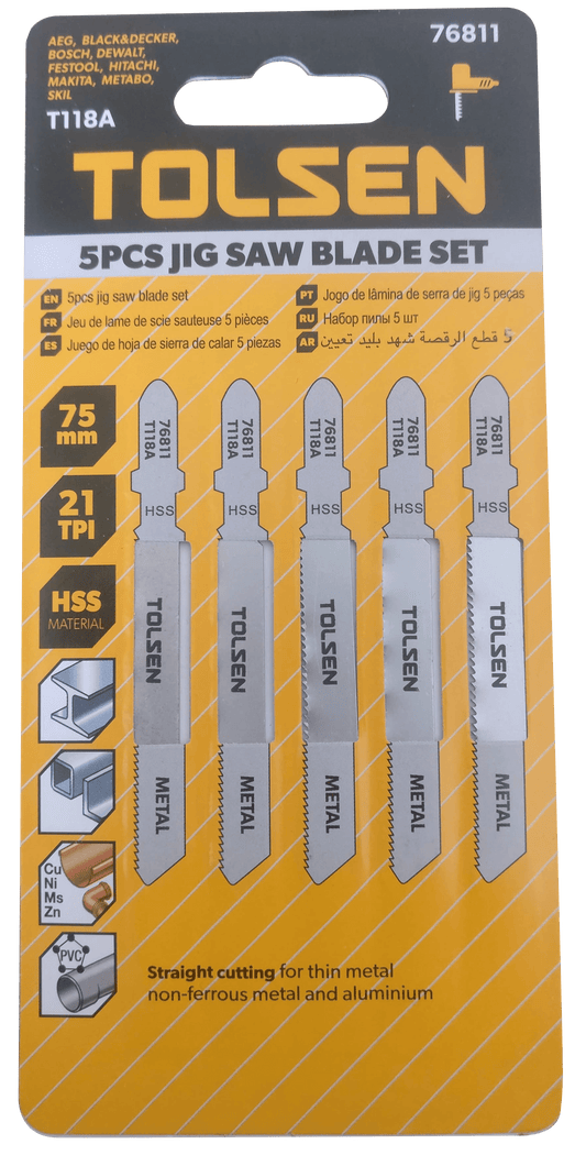 T118A Metal Jigsaw Blades, Pack of 5, HSS 21TPI for Straight Cutting Thin Metal, Non-Ferrous Metals & Aluminum