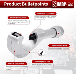 Sharp-tec 5-50mm Pipe Cutter, Adjustable Tube Cutter with Aluminum Alloy Body, Heavy-Duty Pipe Cutting Tool with Blade for deburring for Copper, Brass, PVC, Aluminum