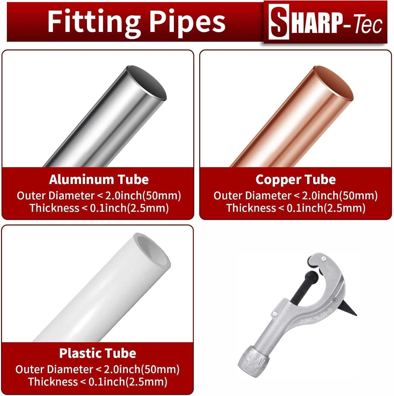 Sharp-tec 5-50mm Pipe Cutter, Adjustable Tube Cutter with Aluminum Alloy Body, Heavy-Duty Pipe Cutting Tool with Blade for deburring for Copper, Brass, PVC, Aluminum