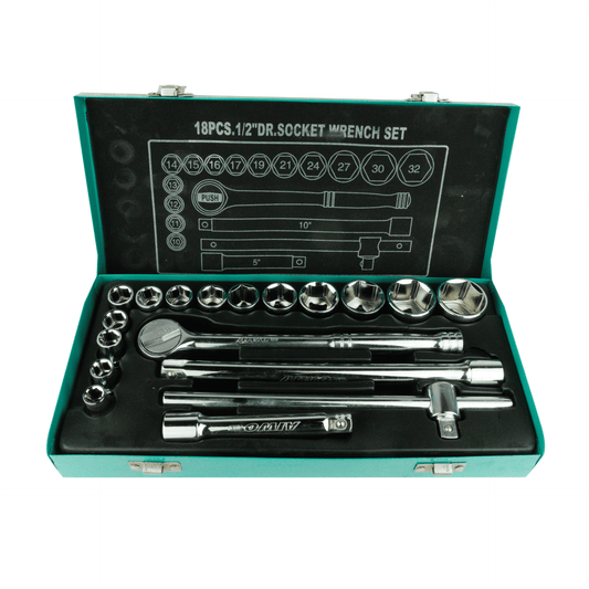18-Piece 1/2" Ratchet Socket Set – Chrome Vanadium Steel with Metal Storage Case