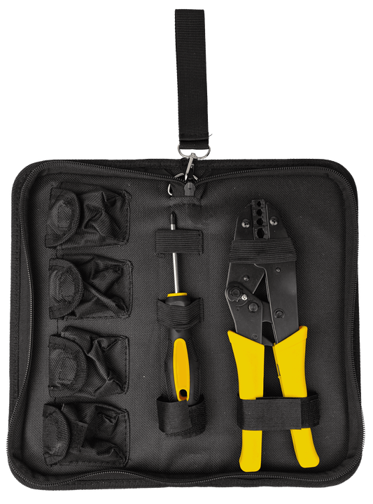 7PC Ratchet Crimping Tool Set | 5 Interchangeable Jaws | Insulated, Bare, Tube | Carry Case and Screwdriver