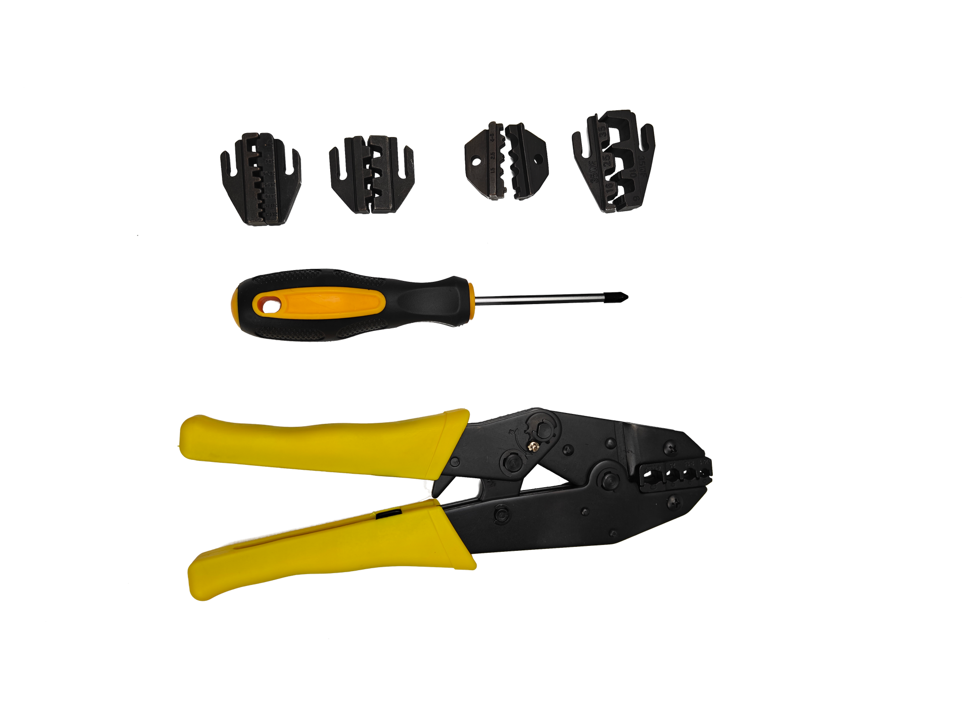 7PC Ratchet Crimping Tool Set | 5 Interchangeable Jaws | Insulated, Bare, Tube | Carry Case and Screwdriver
