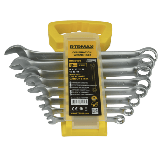 8 Piece Heavy Duty Combination Spanner Set 6mm to 19mm C45 Forged Carbon Steel Wrenches for Automotive, Workshop and DIY