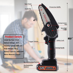Sharp-Tec Mini Cordless Handheld 21V Chainsaw, Lightweight, One-Hand Use, High Efficiency, Accessories Included