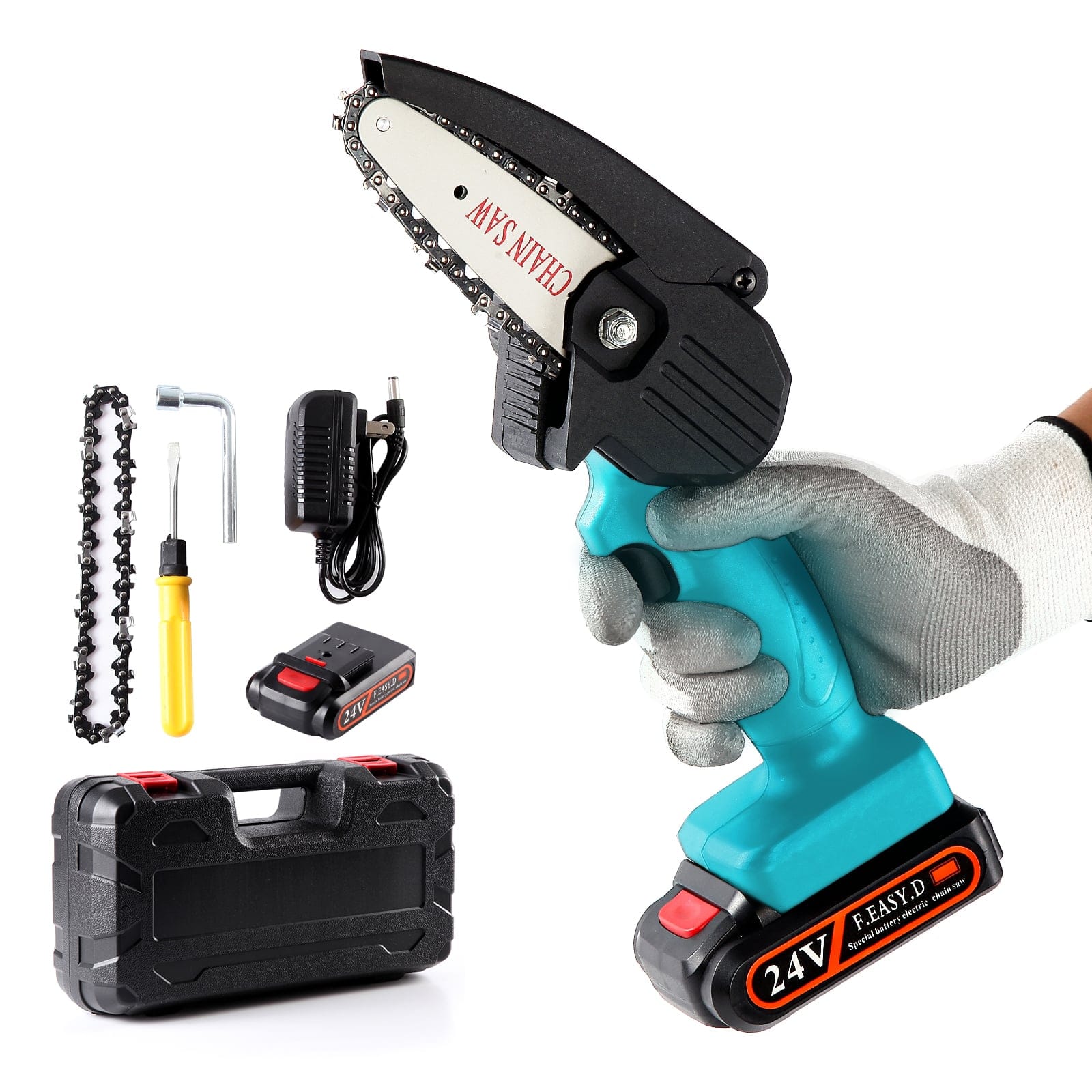Sharp-Tec Mini Cordless Handheld 21V Chainsaw, Lightweight, One-Hand Use, High Efficiency, Accessories Included