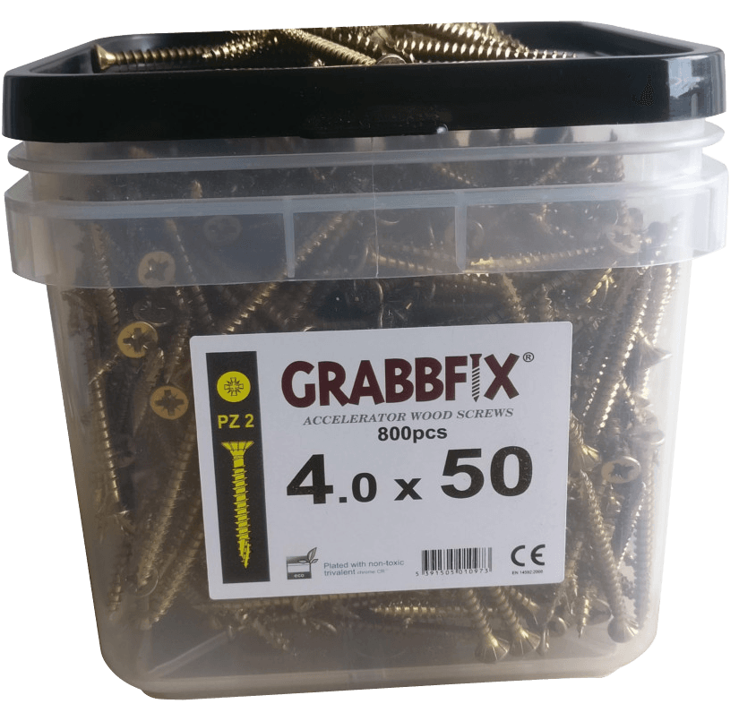 Grabbfix Accelerator Wood Screws, Various Sizes, Packaged in Hard Plastic Tub with Carry Handle