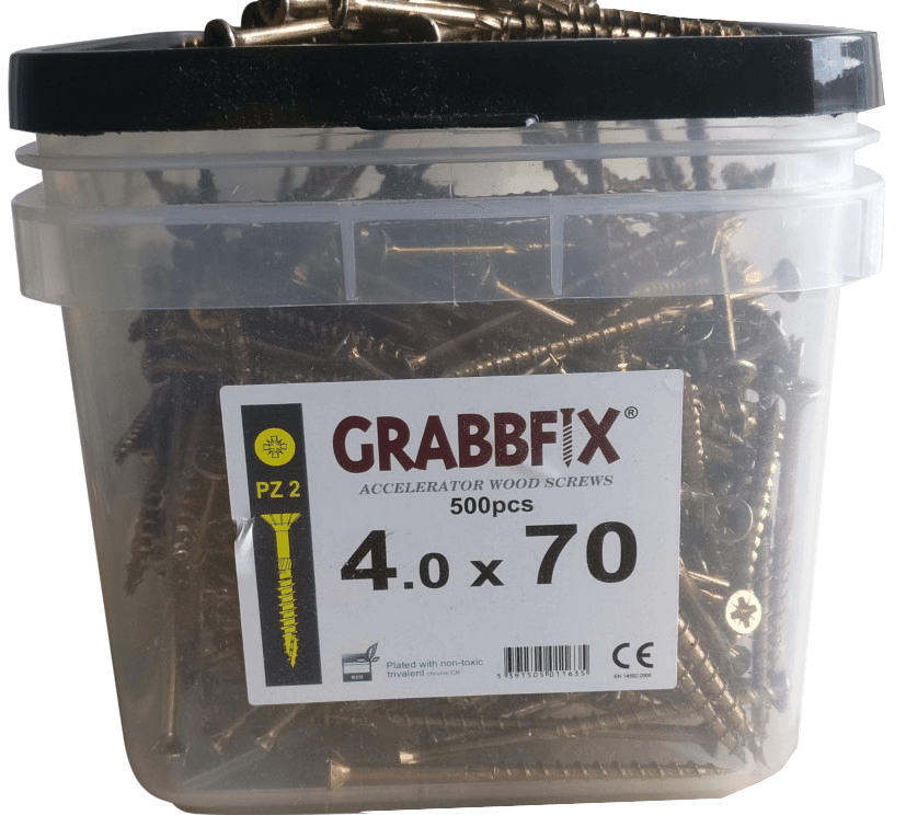 Grabbfix Accelerator Wood Screws, Various Sizes, Packaged in Hard Plastic Tub with Carry Handle