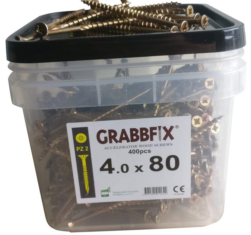 Grabbfix Accelerator Wood Screws, Various Sizes, Packaged in Hard Plastic Tub with Carry Handle
