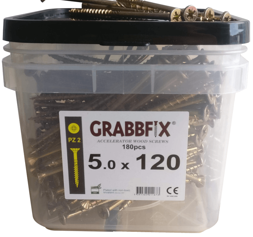 Grabbfix Accelerator Wood Screws, Various Sizes, Packaged in Hard Plastic Tub with Carry Handle