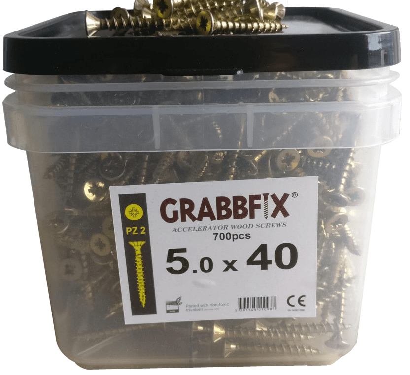Grabbfix Accelerator Wood Screws, Various Sizes, Packaged in Hard Plastic Tub with Carry Handle