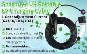 Sharp-Tec 5M / 10M Portable EV Charging Cable, Type 2 Plug, 240V, Waterproof, UK Plug, 4-Speed Current Adjustment