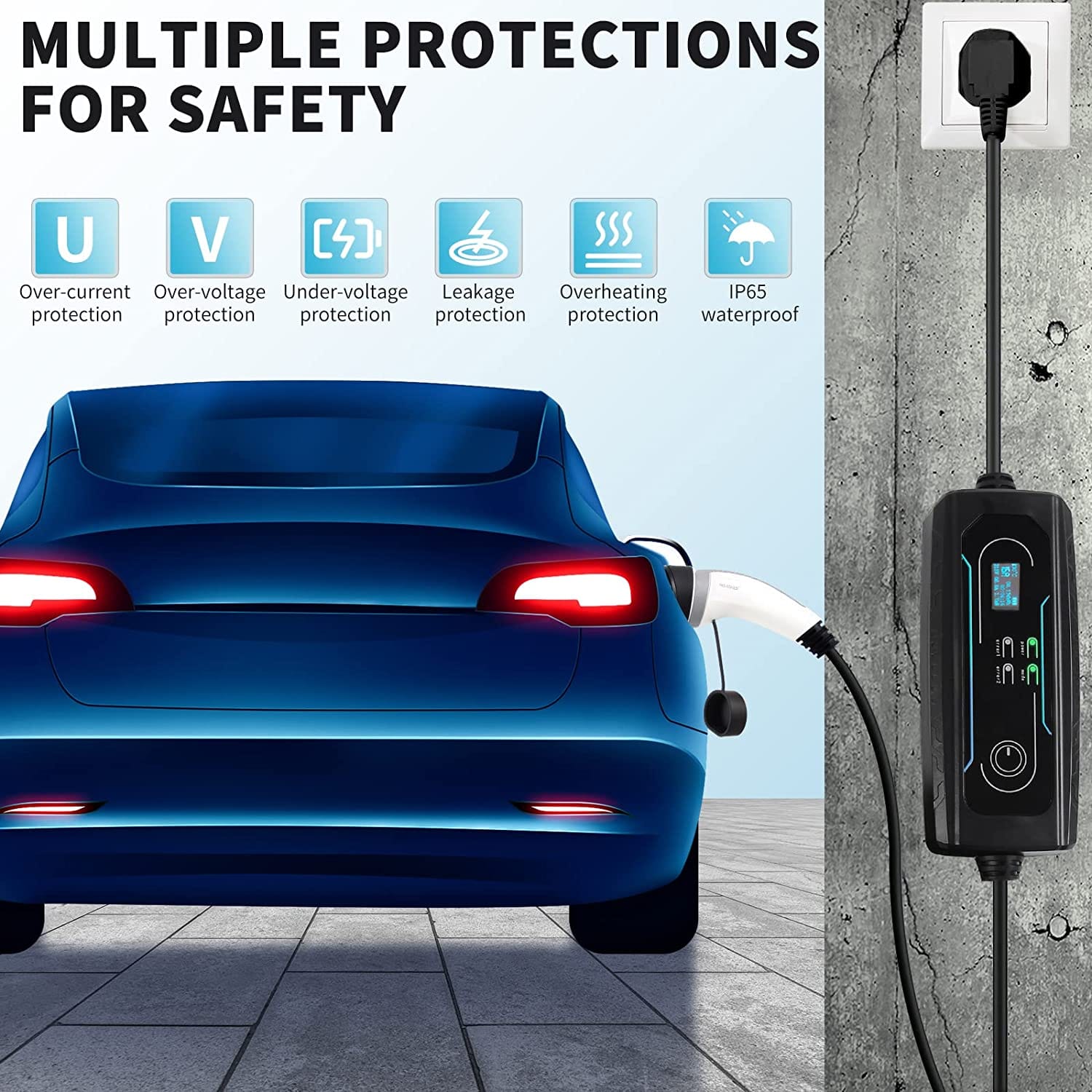 Sharp-Tec 5M / 10M Portable EV Charging Cable, Type 2 Plug, 240V, Waterproof, UK Plug, 4-Speed Current Adjustment