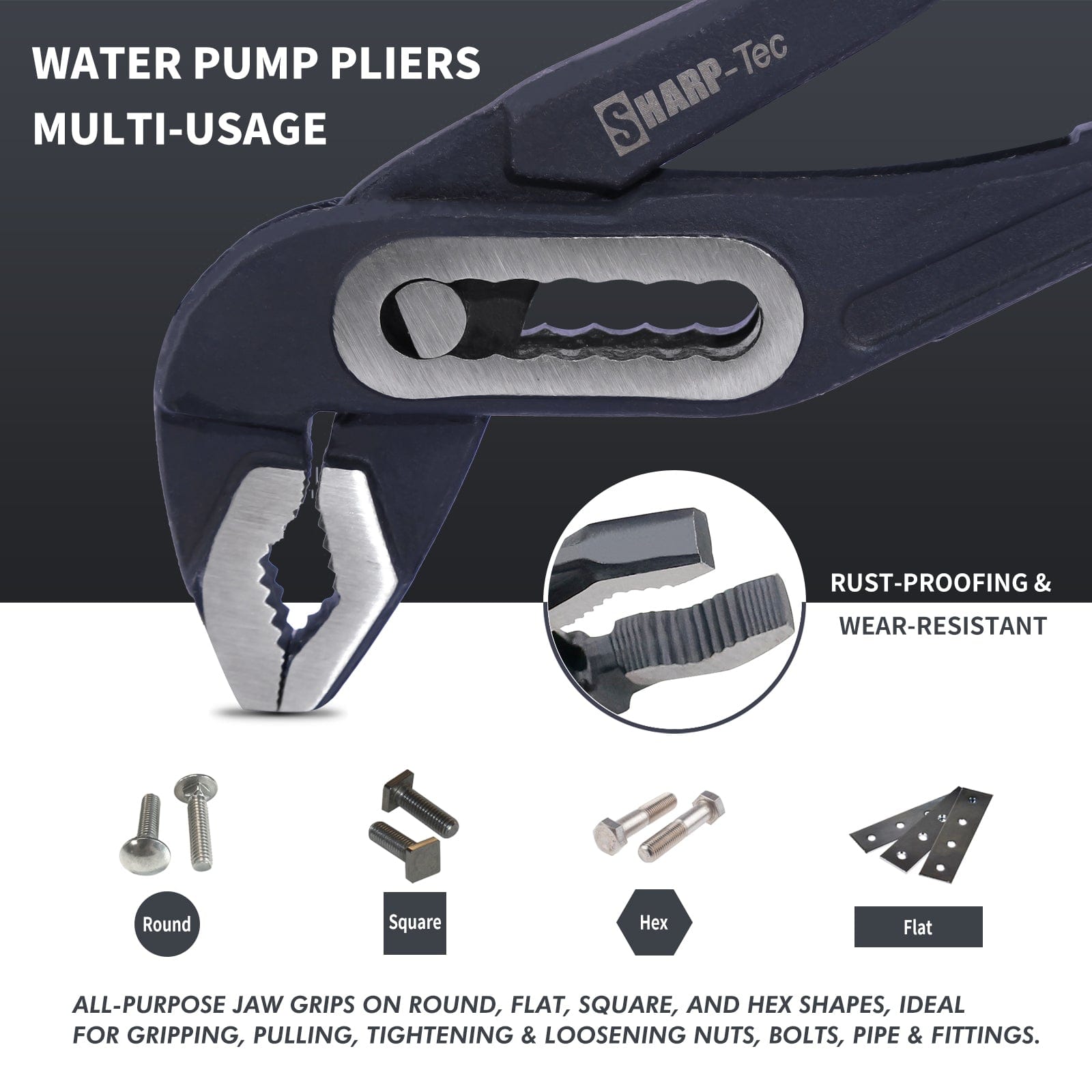 Sharp-Tec Adjustable Water Pump Pliers, Alloy Steel, Anti-Slip Vinyl, 60-90mm Jaw Capacity, Ergonomic Handle, Rust-Proof, Plumbing & Electrical Use