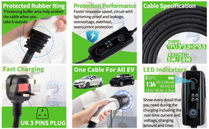 Sharp-Tec 5M / 10M Portable EV Charging Cable, Type 2 Plug, 240V, Waterproof, UK Plug, 4-Speed Current Adjustment